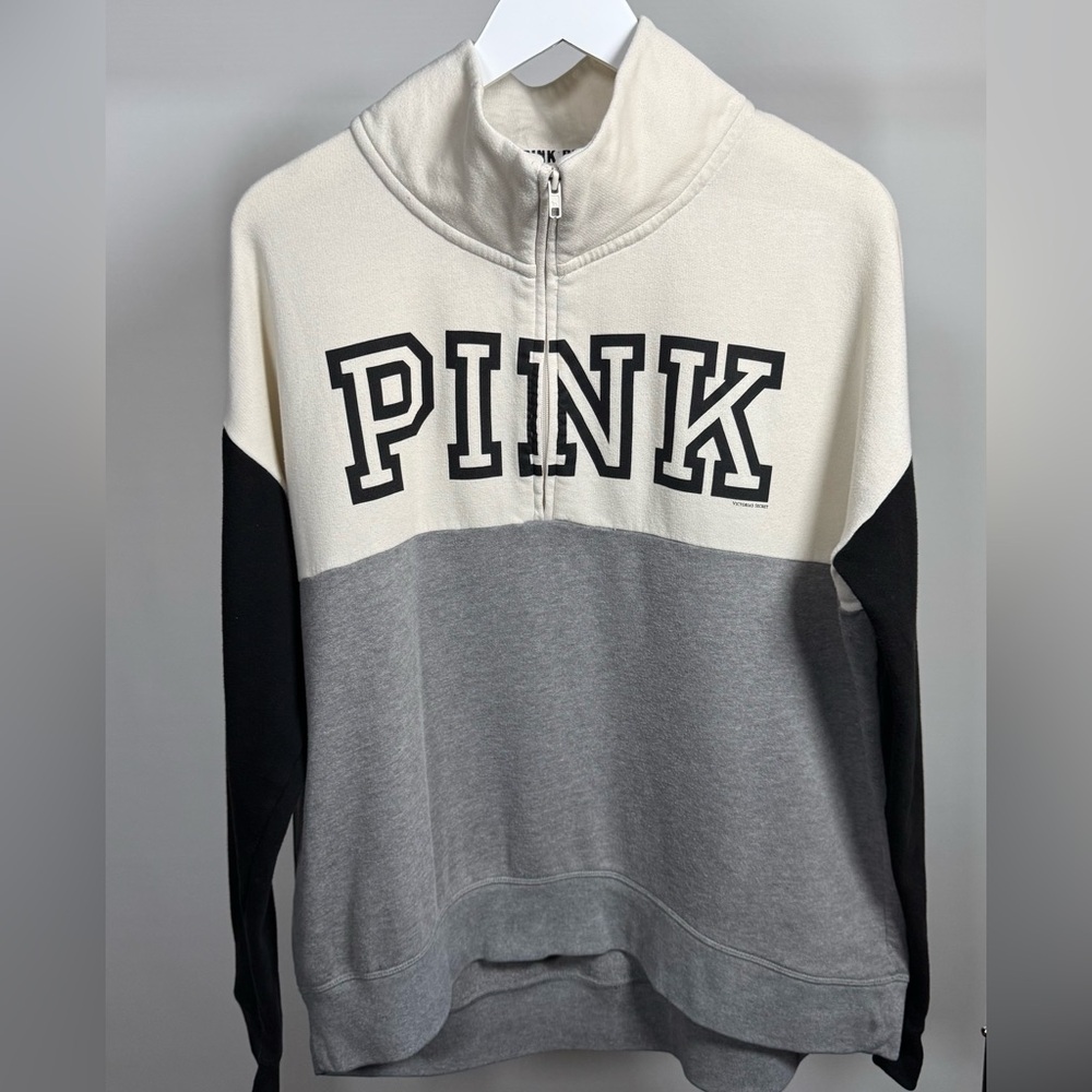 PINK Victoria’s Secret Quarter Zip Pullover Sweatshirt L Gray Cream Black Logo